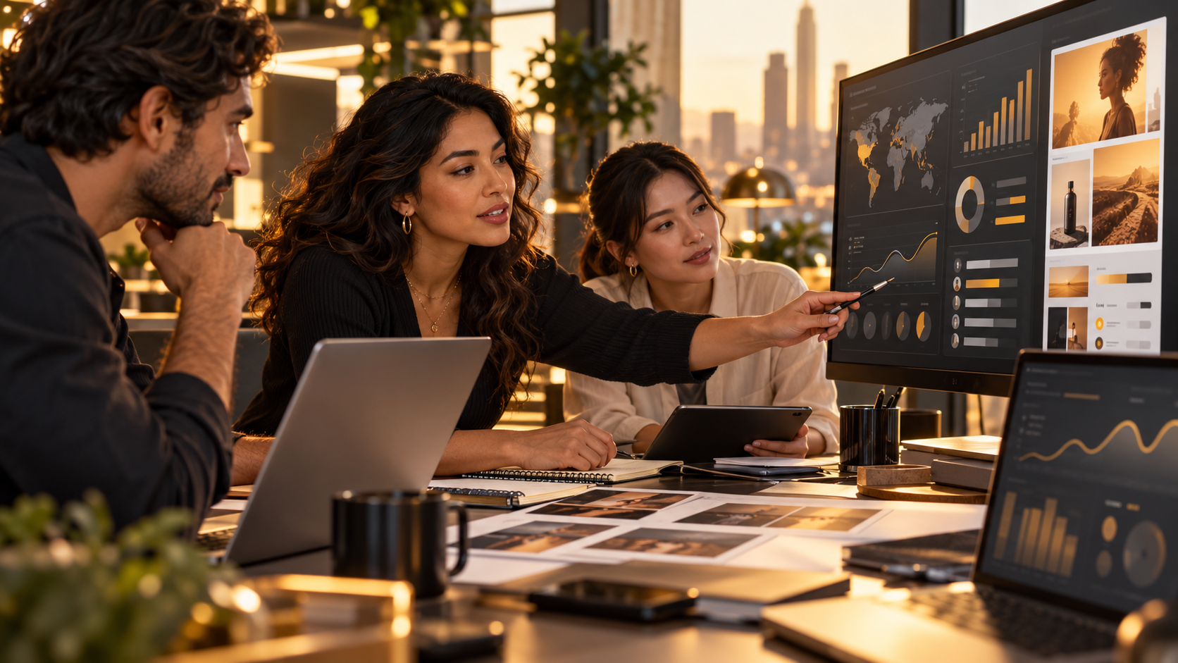 A paid-media specialist reviews a campaign dashboard and creative variants with colleagues in a warm, modern studio.