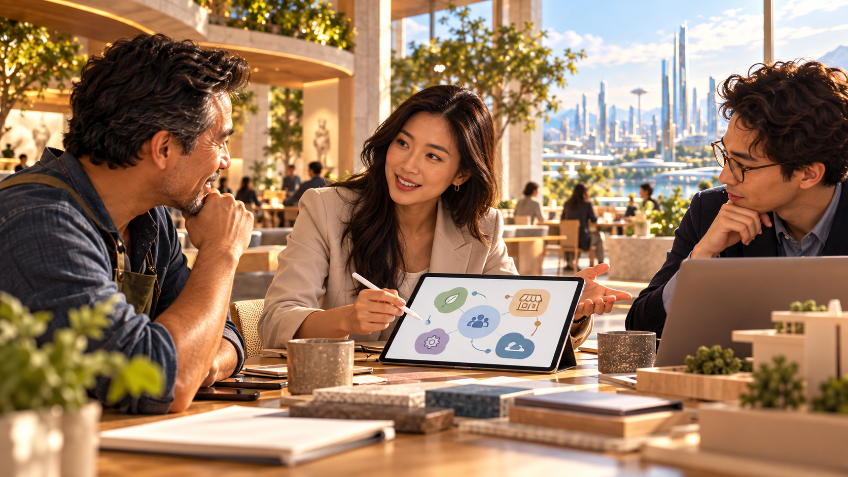 A solutions advisor listens to a participant and maps a practical next step with a colleague.
