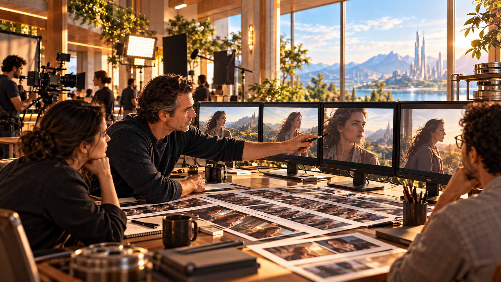 An audiovisual expert calibrates a film scene with a production team on a studio set.