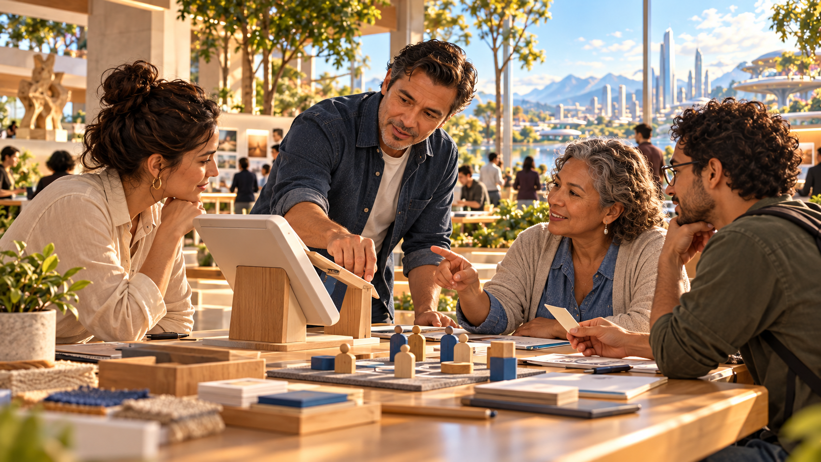 A business design expert maps an emerging offer with colleagues around a planning table.