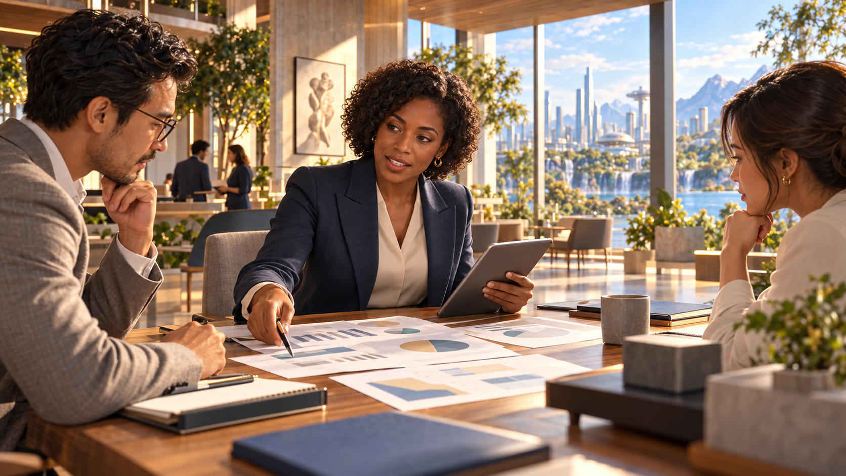 A finance specialist reviews financial reports and planning scenarios with colleagues.