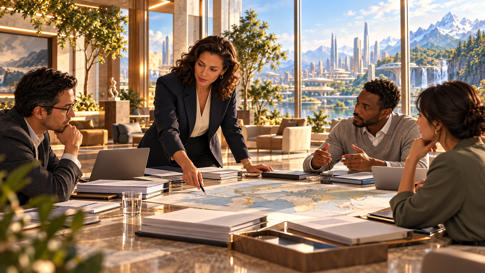 A regional legal professional reviews corporate documents with a colleague at a shared workspace.