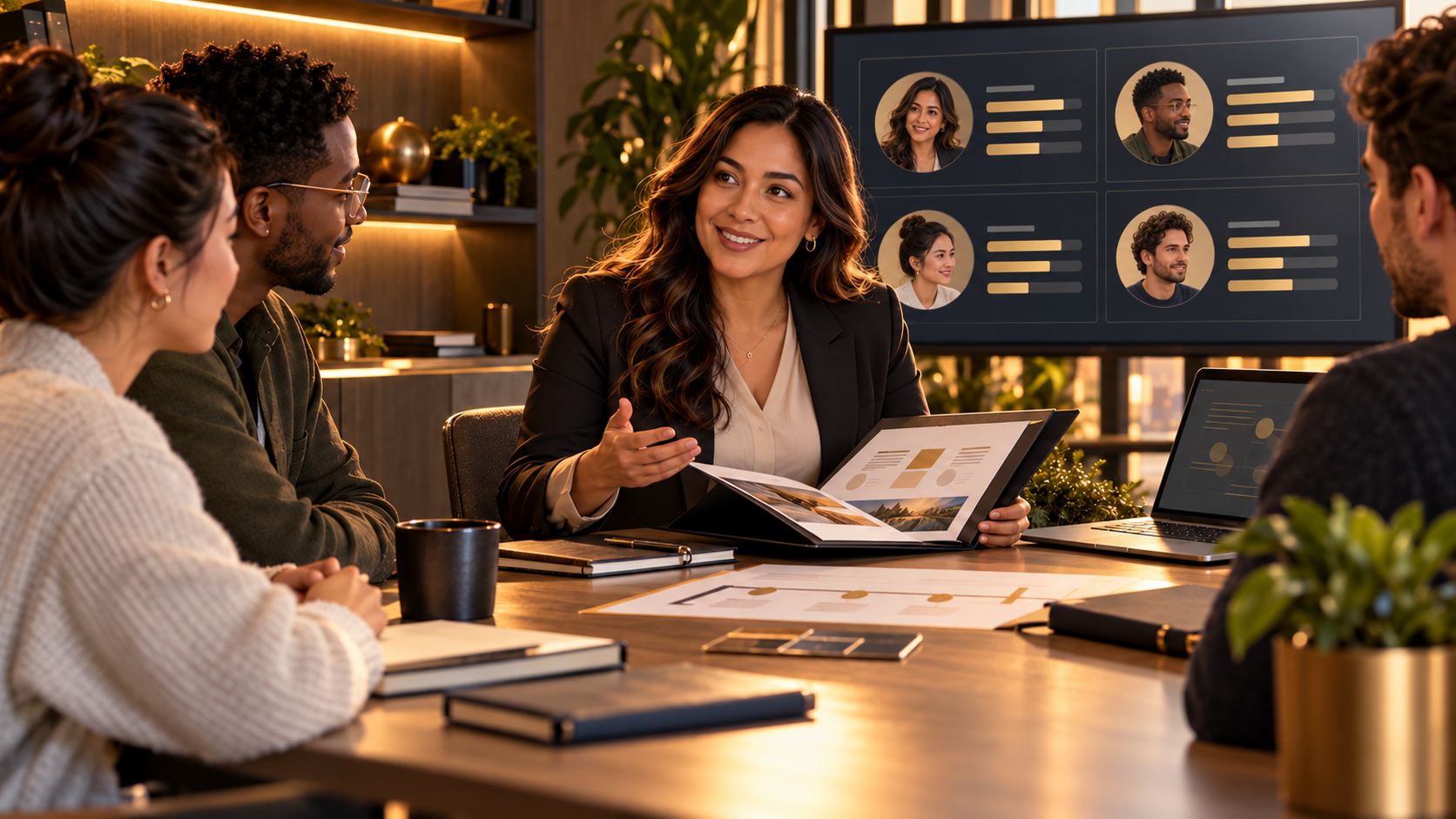 A people-operations specialist talks with colleagues while a screen shows matching employee avatars and contextual performance bars.